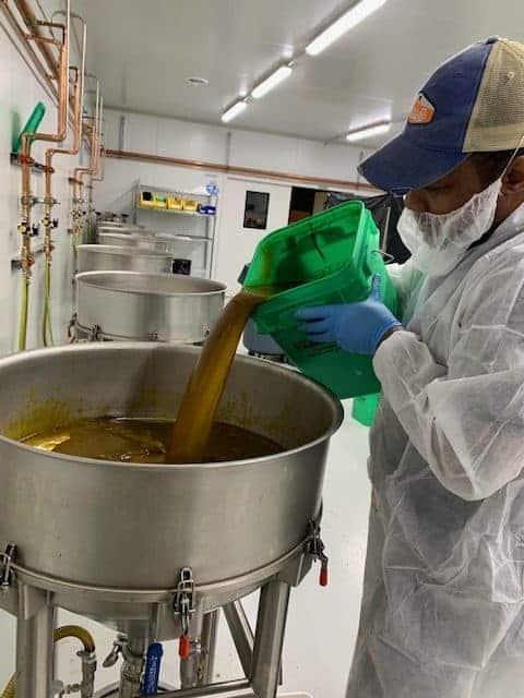 worker pouring winterized CBD oil into DrainDroyd