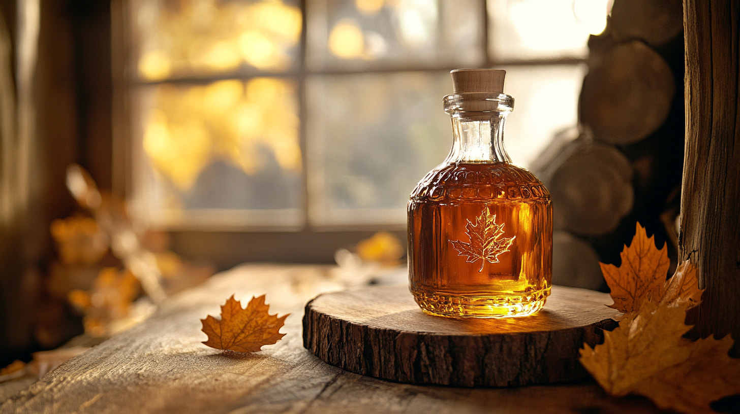 maple syrup bottle with maple leaves