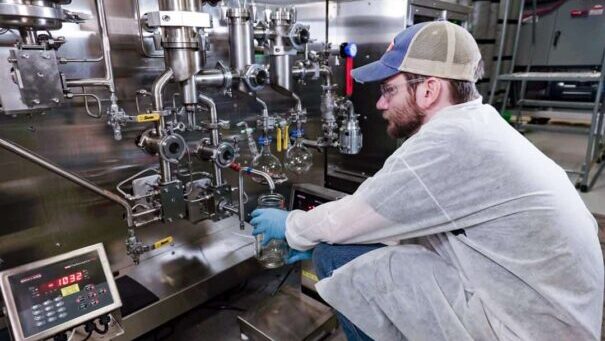 worker using wiped film distillation machine